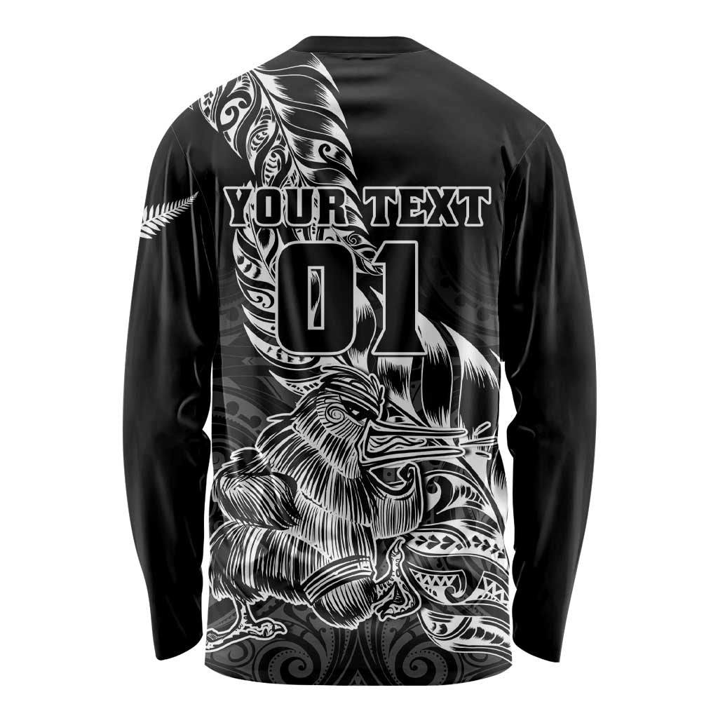 Custom New Zealand Silver Fern Rugby Long Sleeve Shirt Aotearoa Kiwi Maori Black Version LT01 - Polynesian Pride