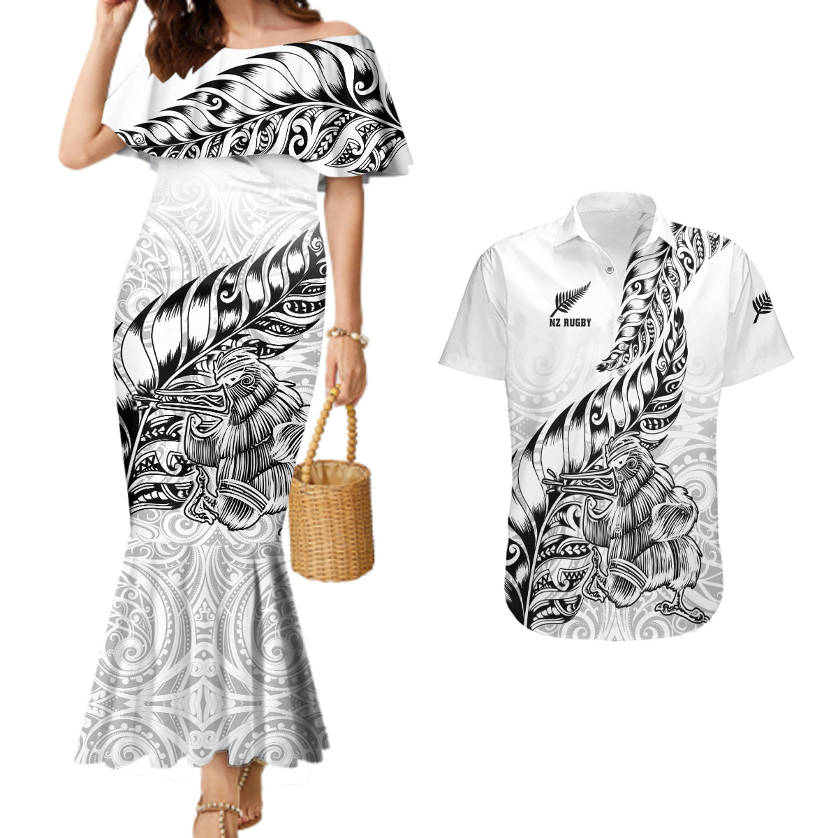 New Zealand Silver Fern Rugby Couples Matching Mermaid Dress and Hawaiian Shirt Aotearoa Kiwi Maori White Version LT01 White - Polynesian Pride