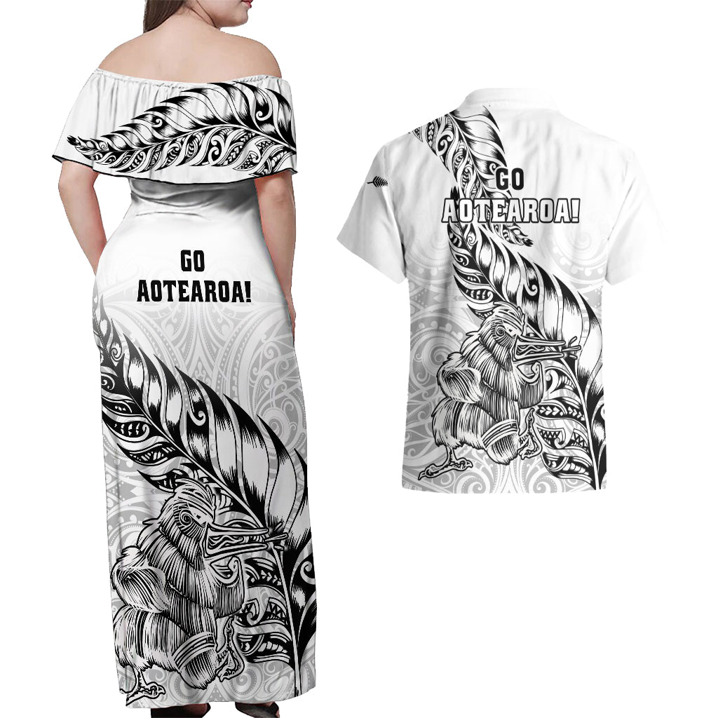New Zealand Silver Fern Rugby Couples Matching Off Shoulder Maxi Dress and Hawaiian Shirt Aotearoa Kiwi Maori White Version LT01 - Polynesian Pride