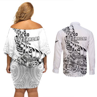 New Zealand Silver Fern Rugby Couples Matching Off Shoulder Short Dress and Long Sleeve Button Shirts Aotearoa Kiwi Maori White Version LT01 - Polynesian Pride