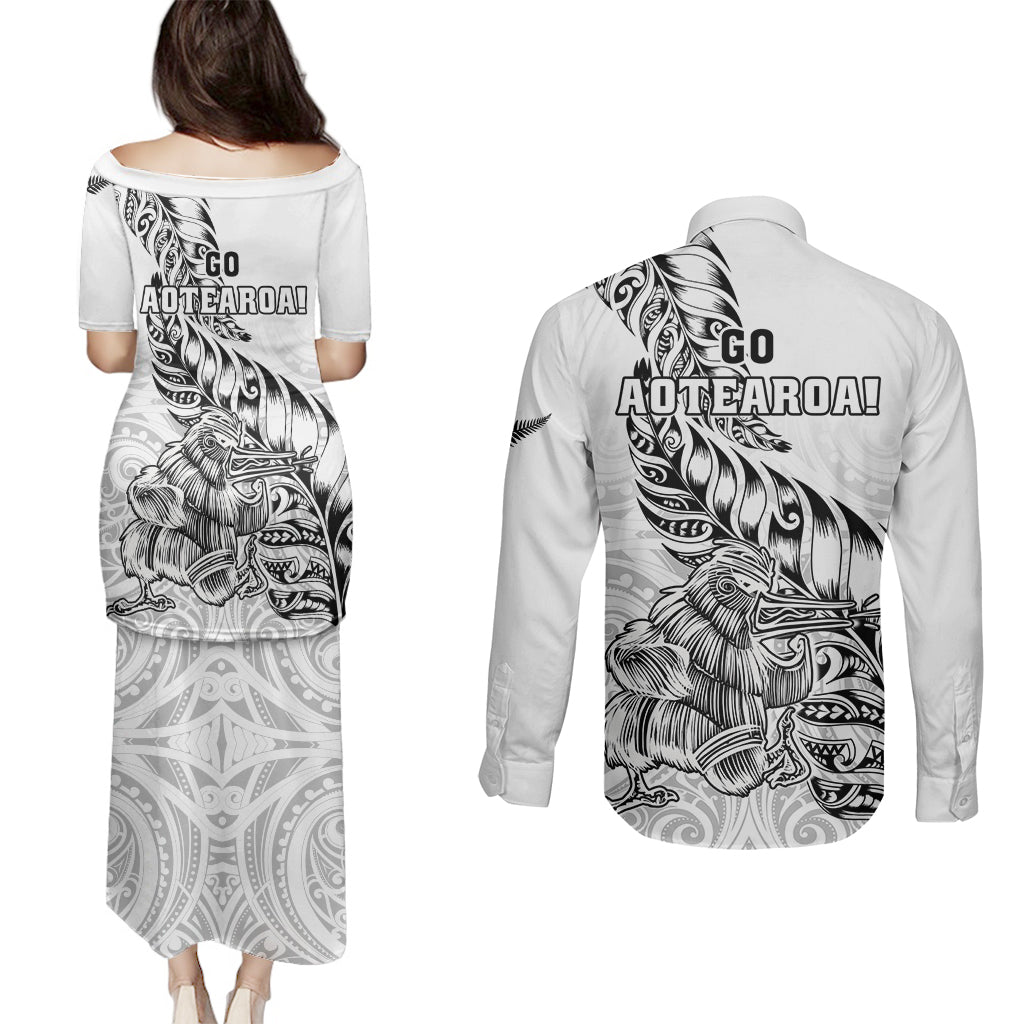 New Zealand Silver Fern Rugby Couples Matching Puletasi Dress and Long Sleeve Button Shirts Aotearoa Kiwi Maori White Version LT01 - Polynesian Pride