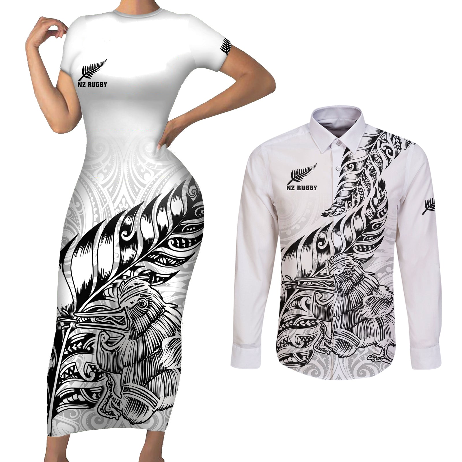 New Zealand Silver Fern Rugby Couples Matching Short Sleeve Bodycon Dress and Long Sleeve Button Shirts Aotearoa Kiwi Maori White Version LT01 White - Polynesian Pride