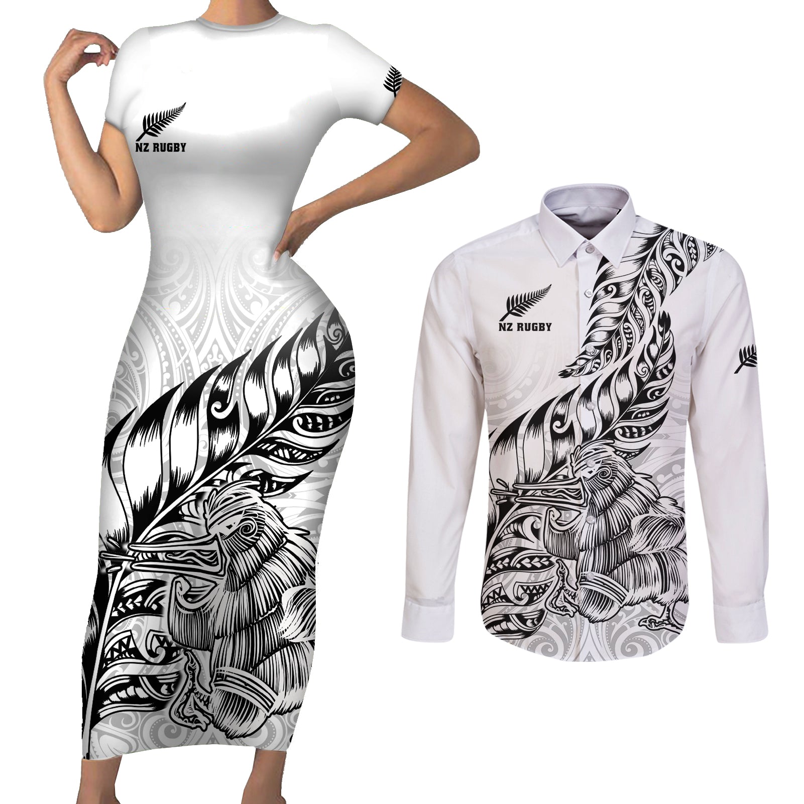 New Zealand Silver Fern Rugby Couples Matching Short Sleeve Bodycon Dress and Long Sleeve Button Shirts Aotearoa Kiwi Maori White Version LT01 White - Polynesian Pride