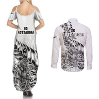 New Zealand Silver Fern Rugby Couples Matching Summer Maxi Dress and Long Sleeve Button Shirts Aotearoa Kiwi Maori White Version LT01 - Polynesian Pride