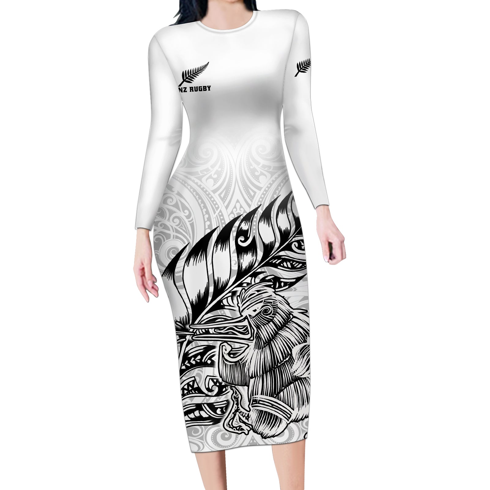 New Zealand Silver Fern Rugby Long Sleeve Bodycon Dress Aotearoa Kiwi Maori White Version LT01 Long Dress White - Polynesian Pride