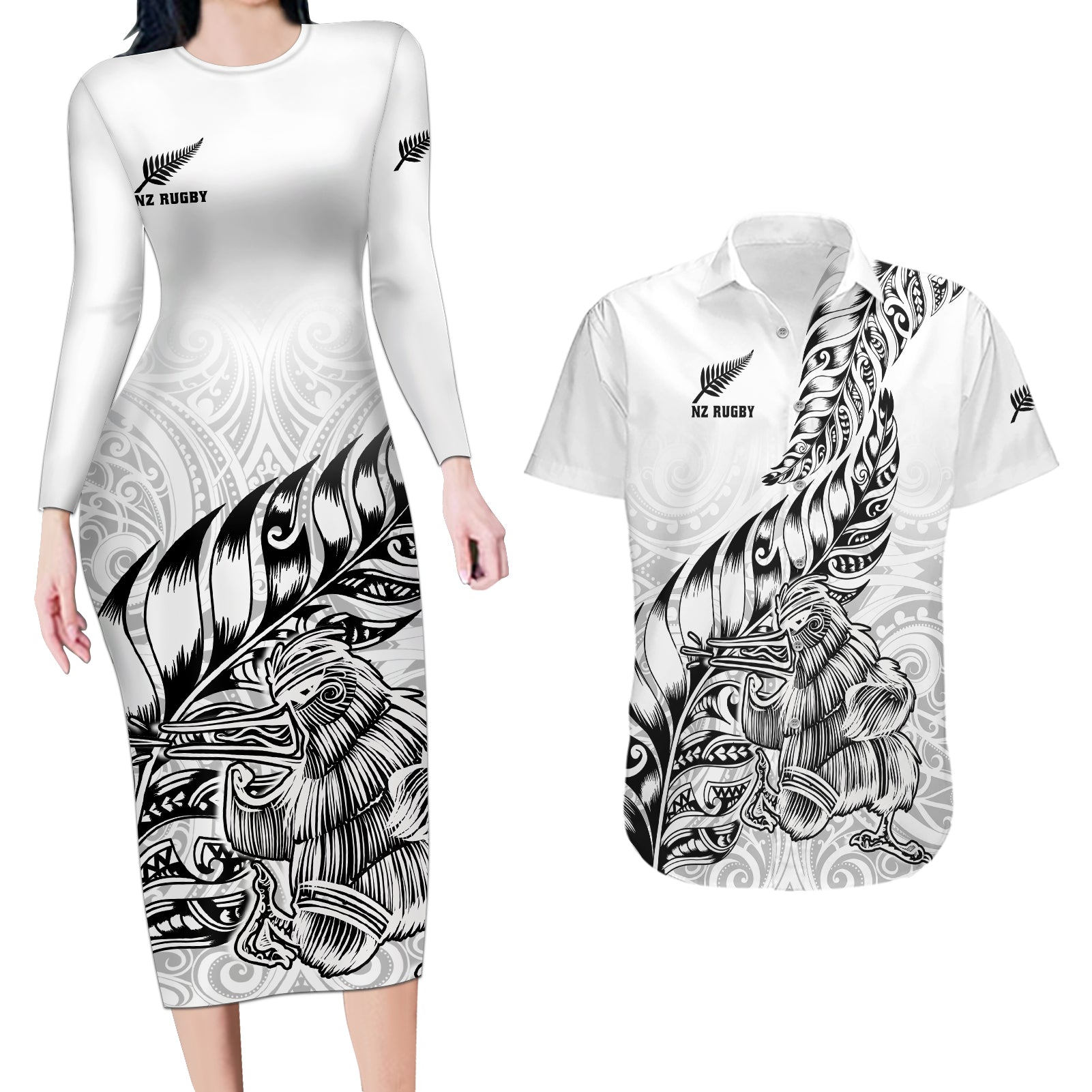 Custom New Zealand Silver Fern Rugby Couples Matching Long Sleeve Bodycon Dress and Hawaiian Shirt Aotearoa Kiwi Maori White Version LT01 White - Polynesian Pride