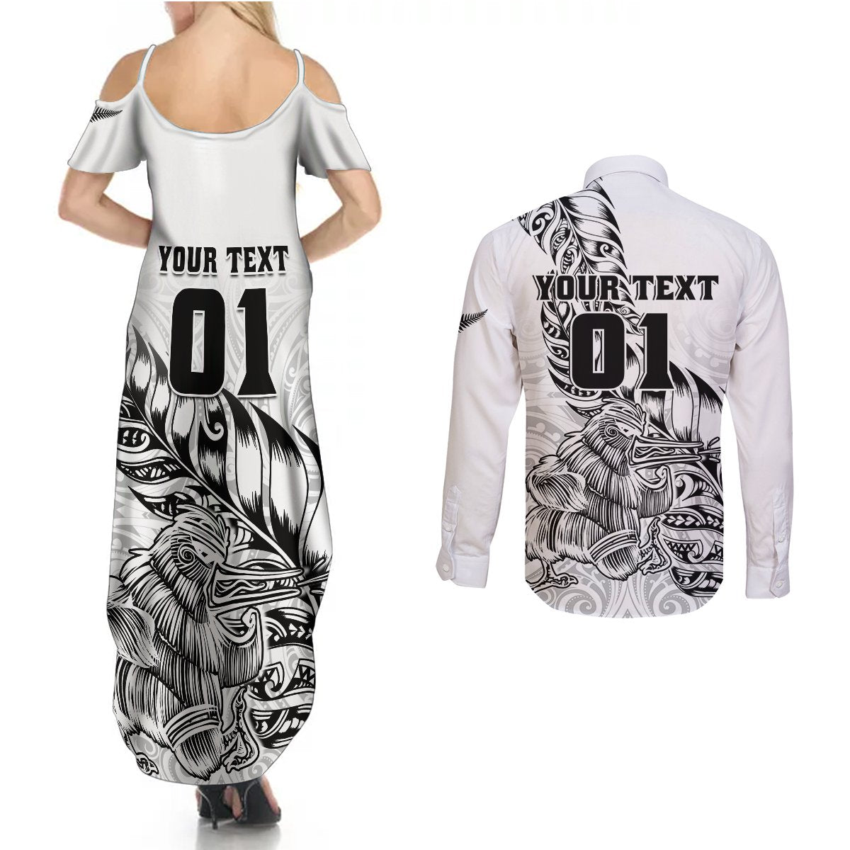 Custom New Zealand Silver Fern Rugby Couples Matching Summer Maxi Dress and Long Sleeve Button Shirts Aotearoa Kiwi Maori White Version LT01 - Polynesian Pride