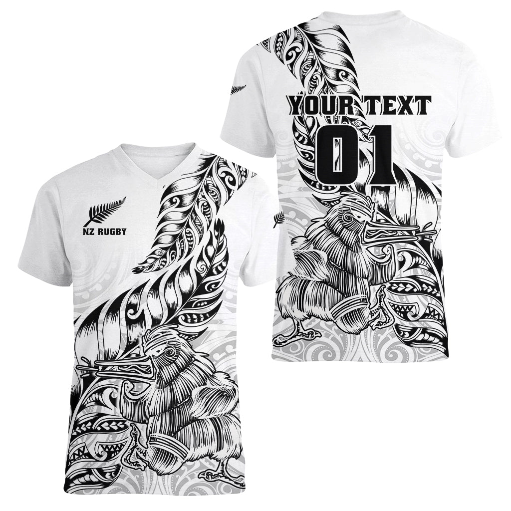 Custom New Zealand Silver Fern Rugby Women V Neck T Shirt Aotearoa Kiwi Maori White Version LT01 - Polynesian Pride