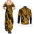 Hawaii Ukulele Couples Matching Summer Maxi Dress and Long Sleeve Button Shirts Polynesian Pattern Gold Version LT01 - Polynesian Pride