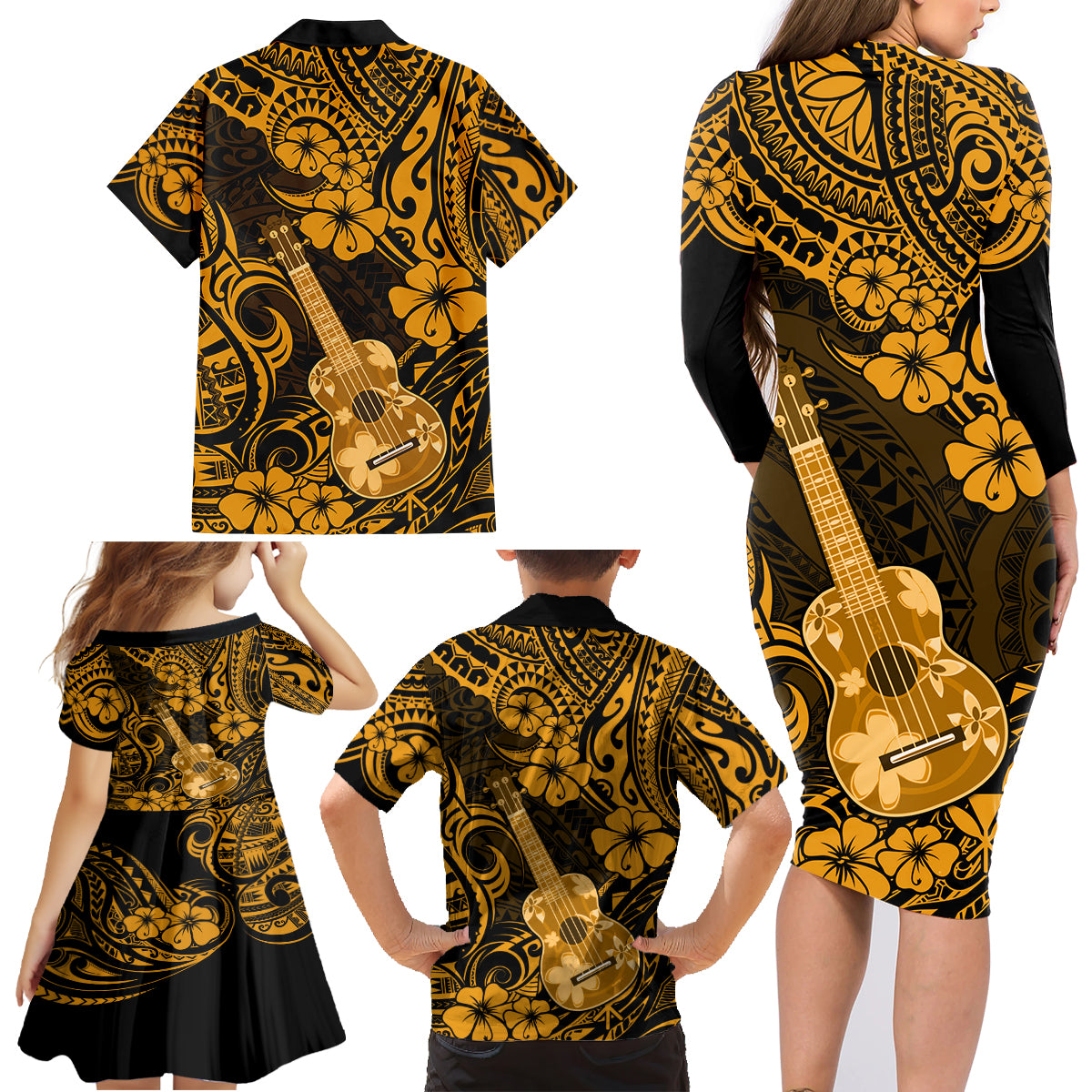 Hawaii Ukulele Family Matching Long Sleeve Bodycon Dress and Hawaiian Shirt Polynesian Pattern Gold Version LT01 - Polynesian Pride