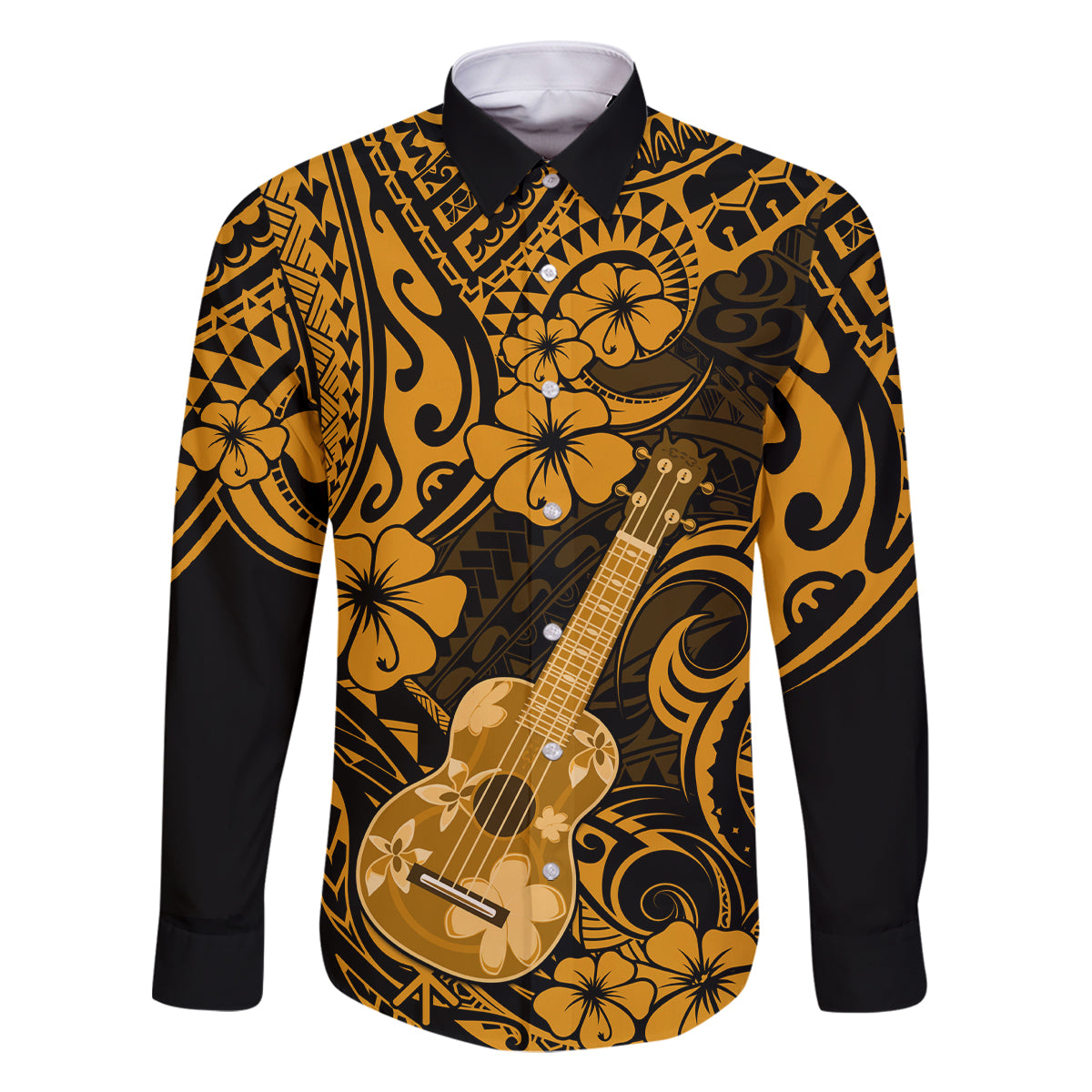 Hawaii Ukulele Family Matching Long Sleeve Bodycon Dress and Hawaiian Shirt Polynesian Pattern Gold Version LT01 Dad's Shirt - Long Sleeve Gold - Polynesian Pride