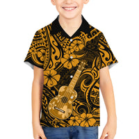 Hawaii Ukulele Family Matching Off Shoulder Long Sleeve Dress and Hawaiian Shirt Polynesian Pattern Gold Version LT01 Son's Shirt Gold - Polynesian Pride