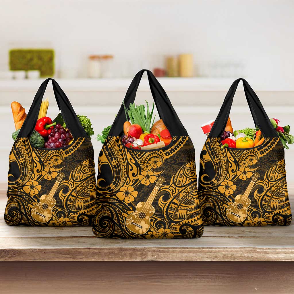 Hawaii Ukulele Grocery Bag Polynesian Pattern Gold Version LT01 3-pack One Size Gold - Polynesian Pride