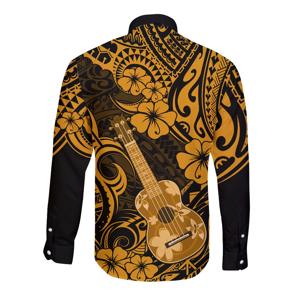 Hawaii Ukulele Long Sleeve Button Shirt Polynesian Pattern Gold Version LT01 - Polynesian Pride