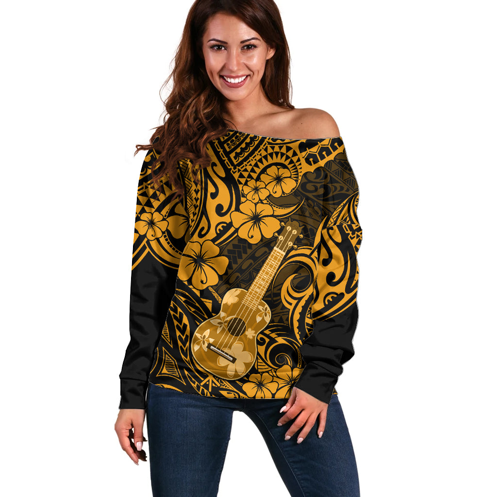 Hawaii Ukulele Off Shoulder Sweater Polynesian Pattern Gold Version LT01 Women Gold - Polynesian Pride