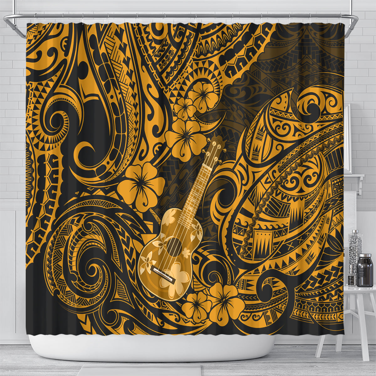 Hawaii Ukulele Shower Curtain Polynesian Pattern Gold Version LT01 - Polynesian Pride