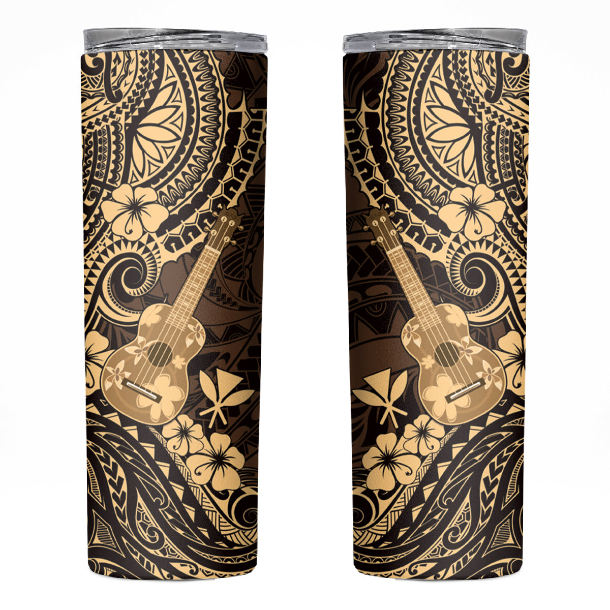 Hawaii Ukulele Skinny Tumbler Polynesian Pattern Gold Version