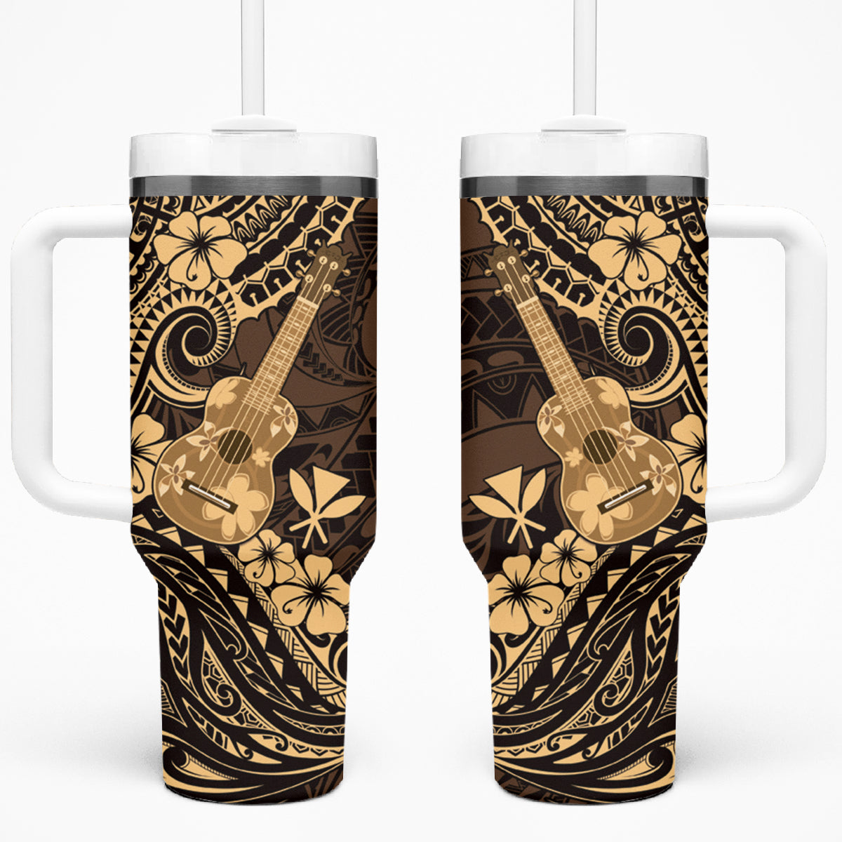 Hawaii Ukulele Tumbler With Handle Polynesian Pattern Gold Version