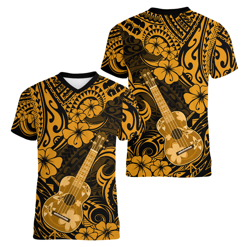 Hawaii Ukulele Women V Neck T Shirt Polynesian Pattern Gold Version LT01 - Polynesian Pride