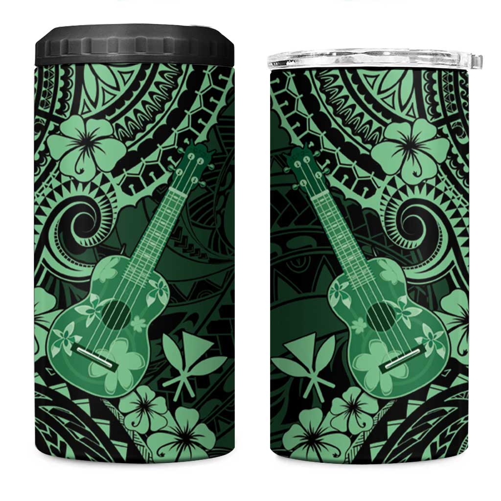 Hawaii Ukulele 4 in 1 Can Cooler Tumbler Polynesian Pattern Green Version