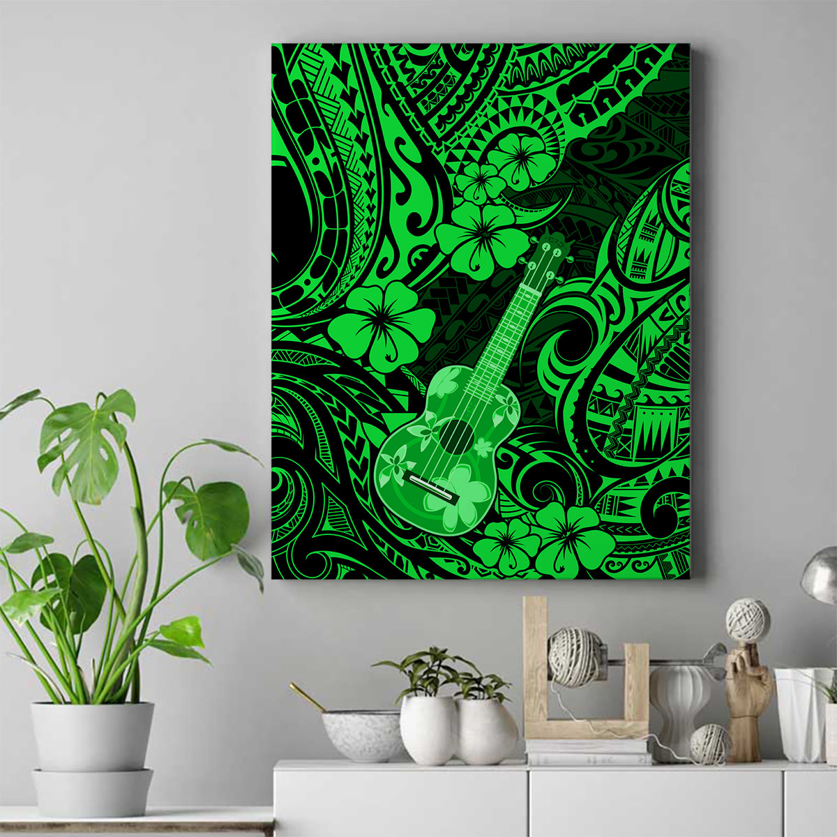 Hawaii Ukulele Canvas Wall Art Polynesian Pattern Green Version LT01 Green - Polynesian Pride