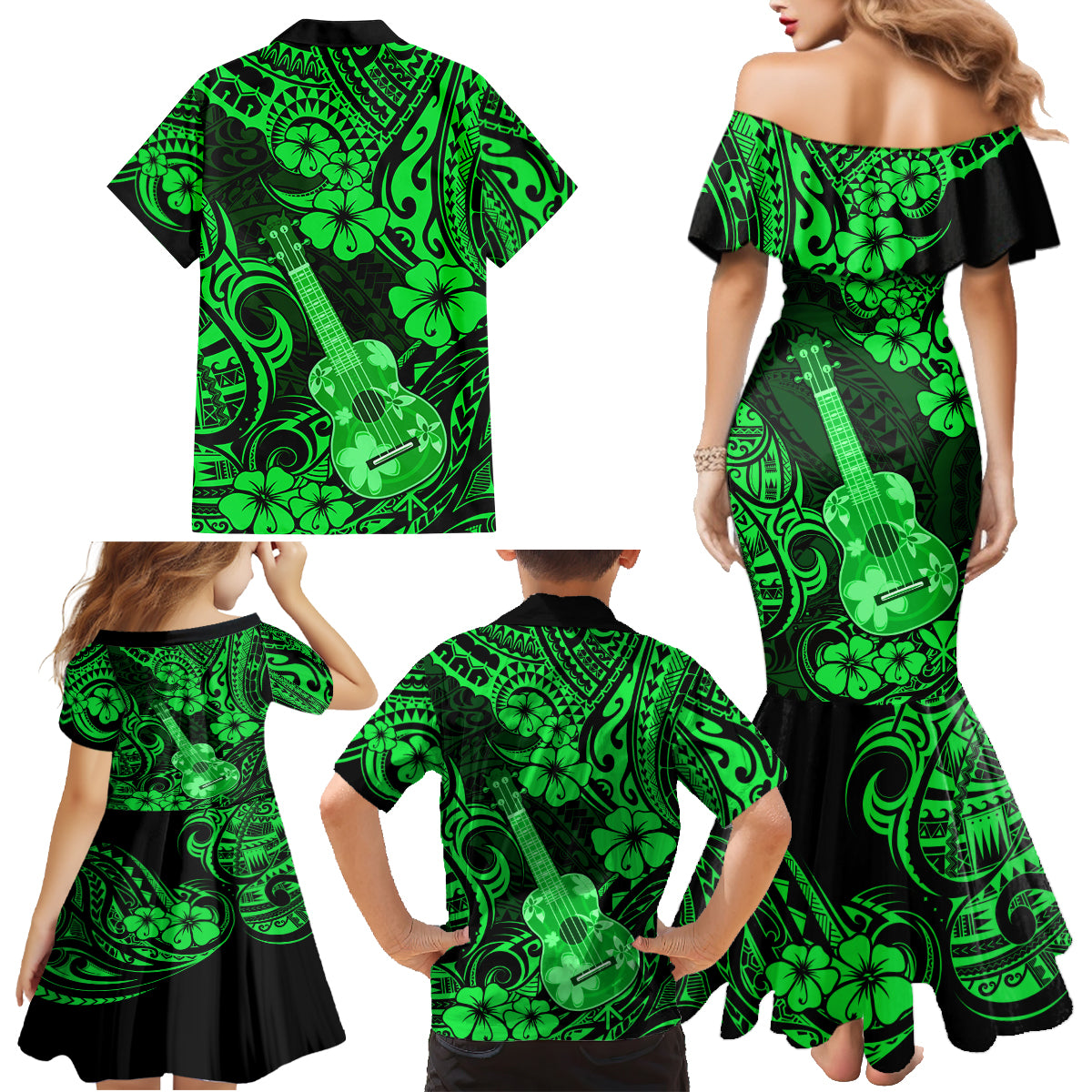 Hawaii Ukulele Family Matching Mermaid Dress and Hawaiian Shirt Polynesian Pattern Green Version LT01 - Polynesian Pride