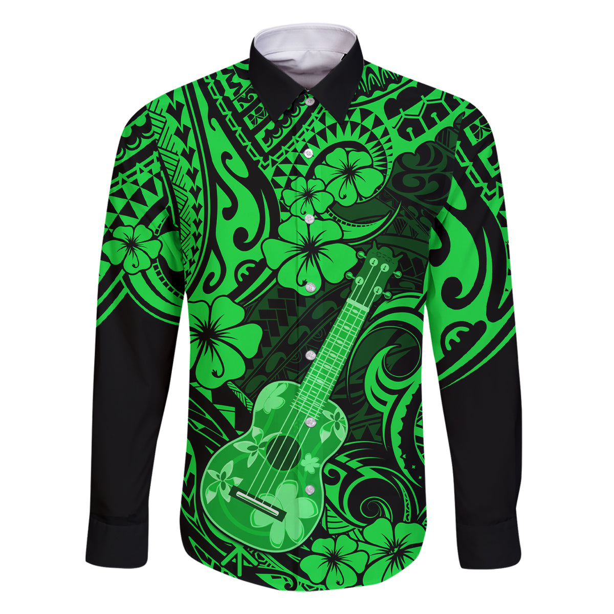 Hawaii Ukulele Family Matching Off Shoulder Long Sleeve Dress and Hawaiian Shirt Polynesian Pattern Green Version LT01 Dad's Shirt - Long Sleeve Green - Polynesian Pride
