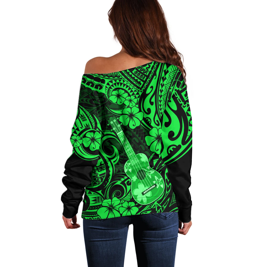 Hawaii Ukulele Off Shoulder Sweater Polynesian Pattern Green Version LT01 - Polynesian Pride