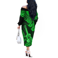 Hawaii Ukulele Off The Shoulder Long Sleeve Dress Polynesian Pattern Green Version LT01 - Polynesian Pride