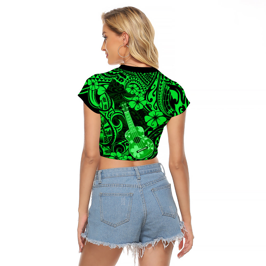 Hawaii Ukulele Raglan Cropped T Shirt Polynesian Pattern Green Version LT01 - Polynesian Pride