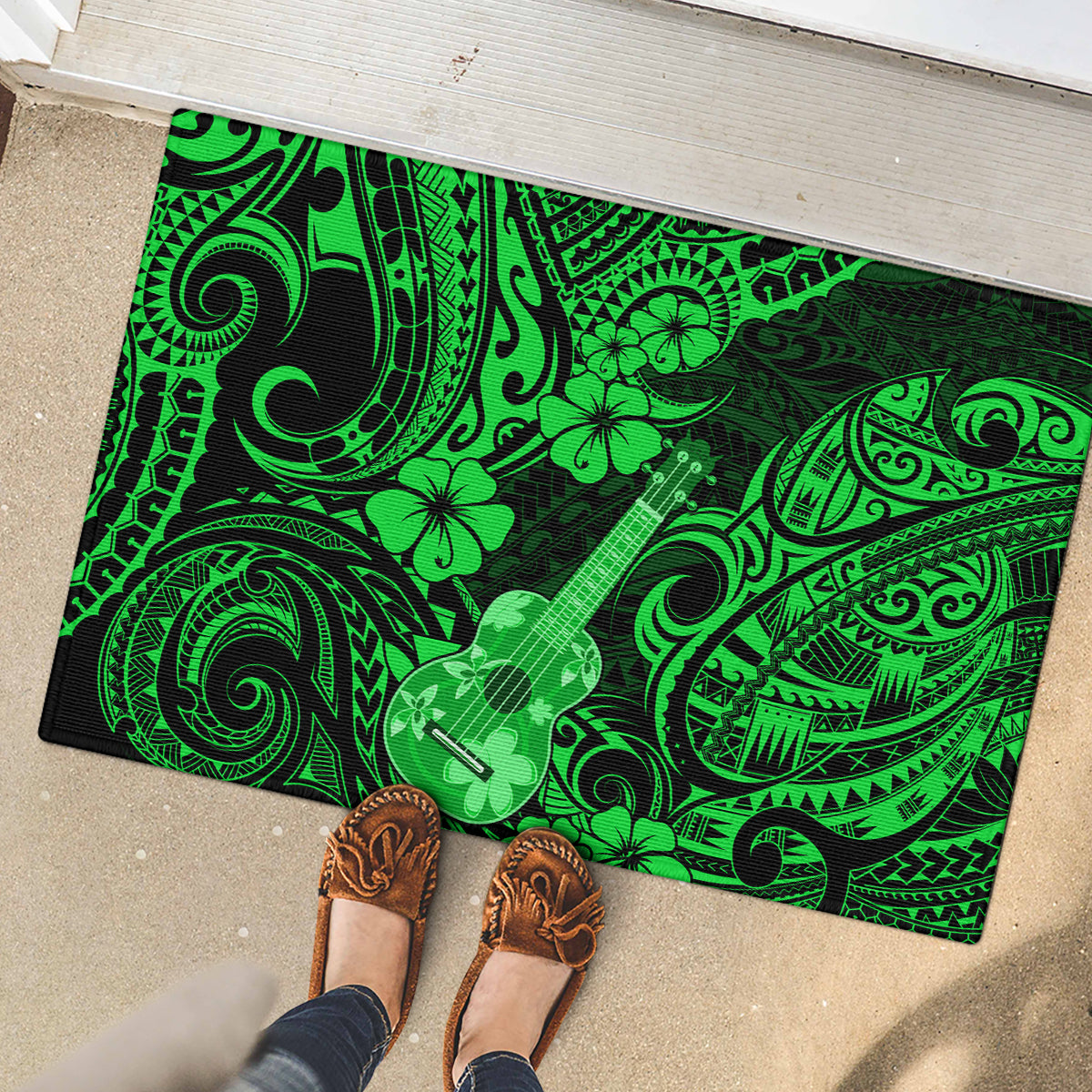 Hawaii Ukulele Rubber Doormat Polynesian Pattern Green Version LT01 - Polynesian Pride