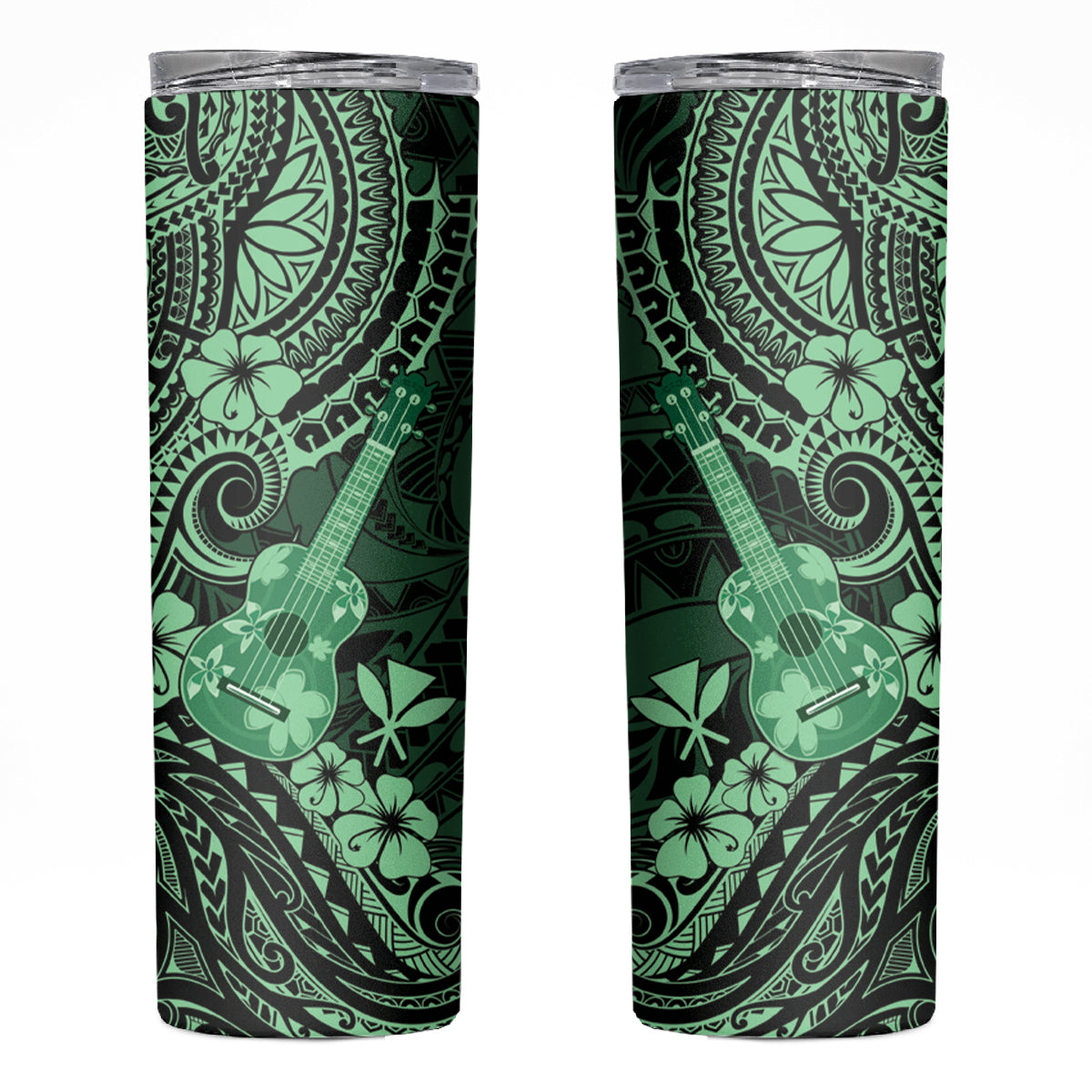 Hawaii Ukulele Skinny Tumbler Polynesian Pattern Green Version