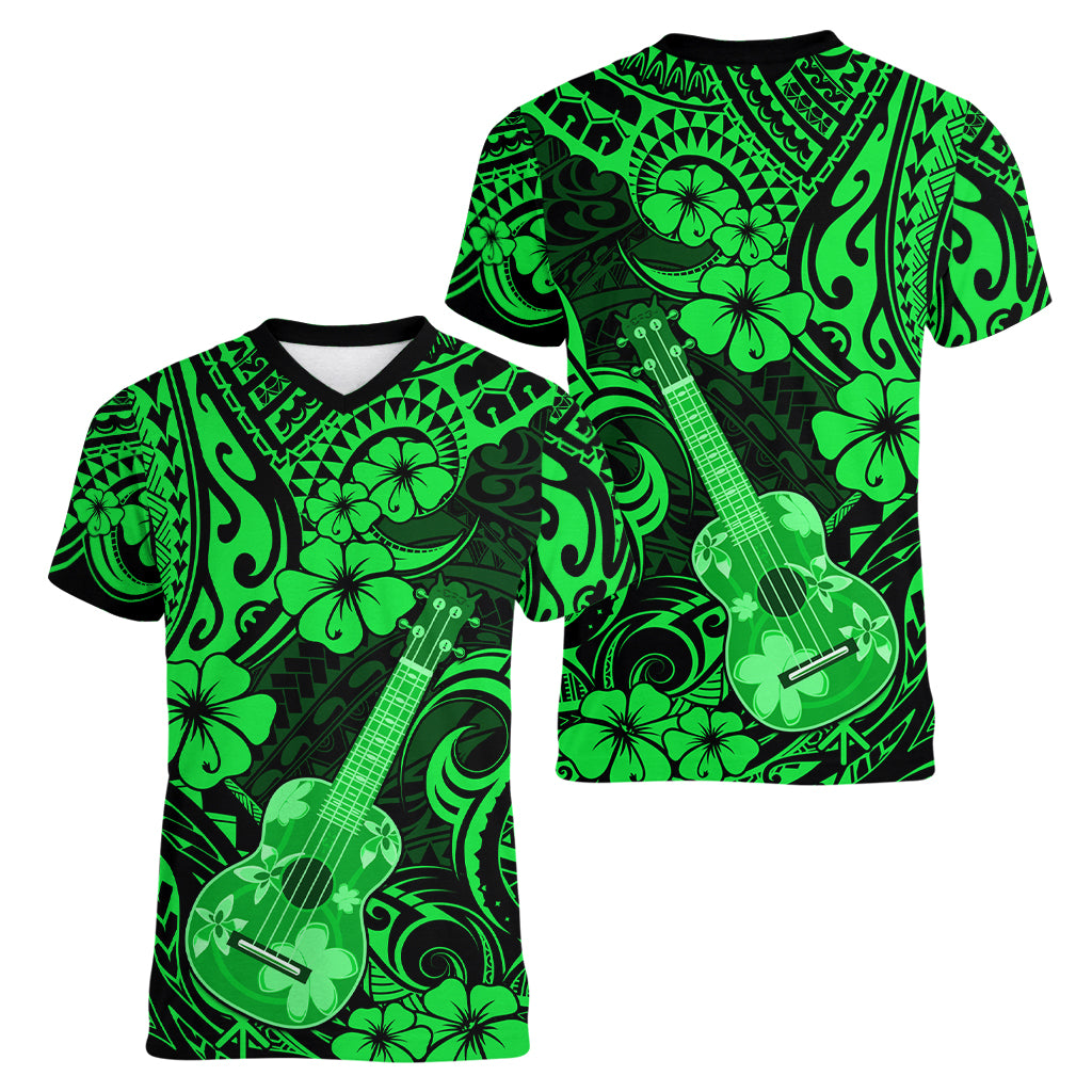 Hawaii Ukulele Women V Neck T Shirt Polynesian Pattern Green Version LT01 - Polynesian Pride