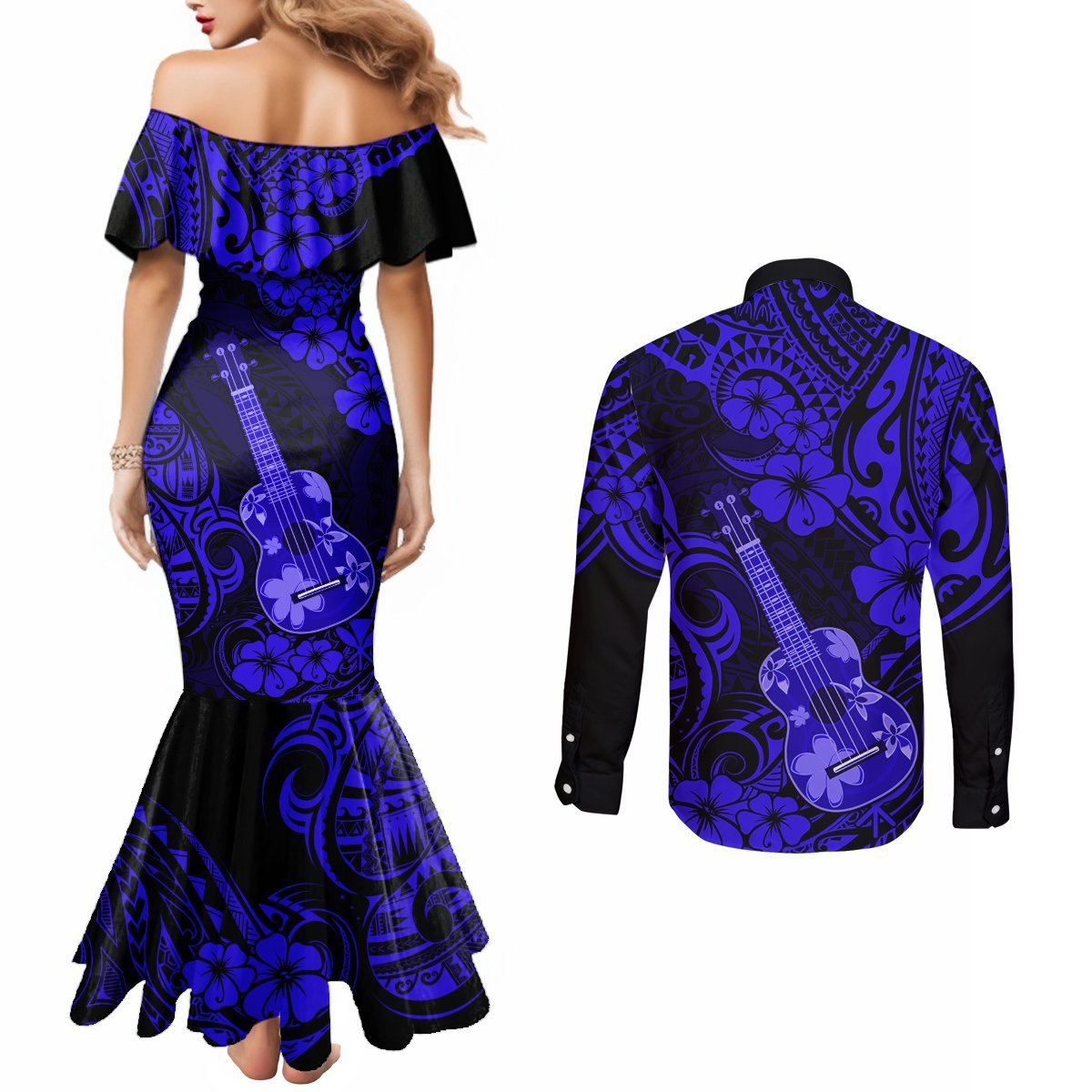 Hawaii Ukulele Couples Matching Mermaid Dress and Long Sleeve Button Shirts Polynesian Pattern Navy Blue Version LT01 - Polynesian Pride