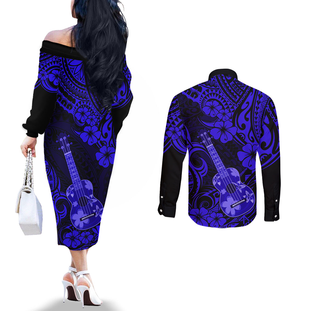Hawaii Ukulele Couples Matching Off The Shoulder Long Sleeve Dress and Long Sleeve Button Shirts Polynesian Pattern Navy Blue Version LT01 - Polynesian Pride