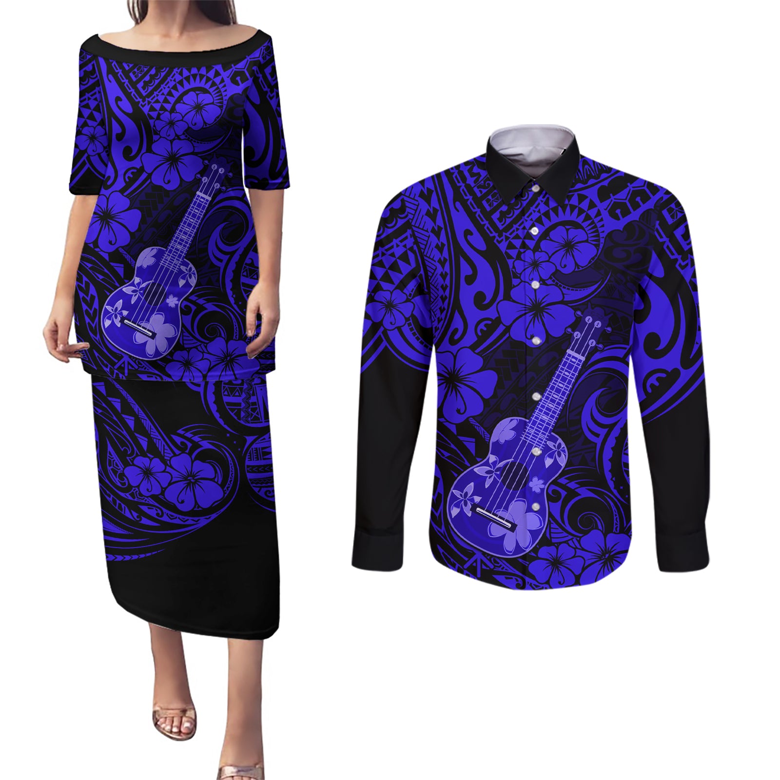 Hawaii Ukulele Couples Matching Puletasi Dress and Long Sleeve Button Shirts Polynesian Pattern Navy Blue Version LT01 Blue - Polynesian Pride