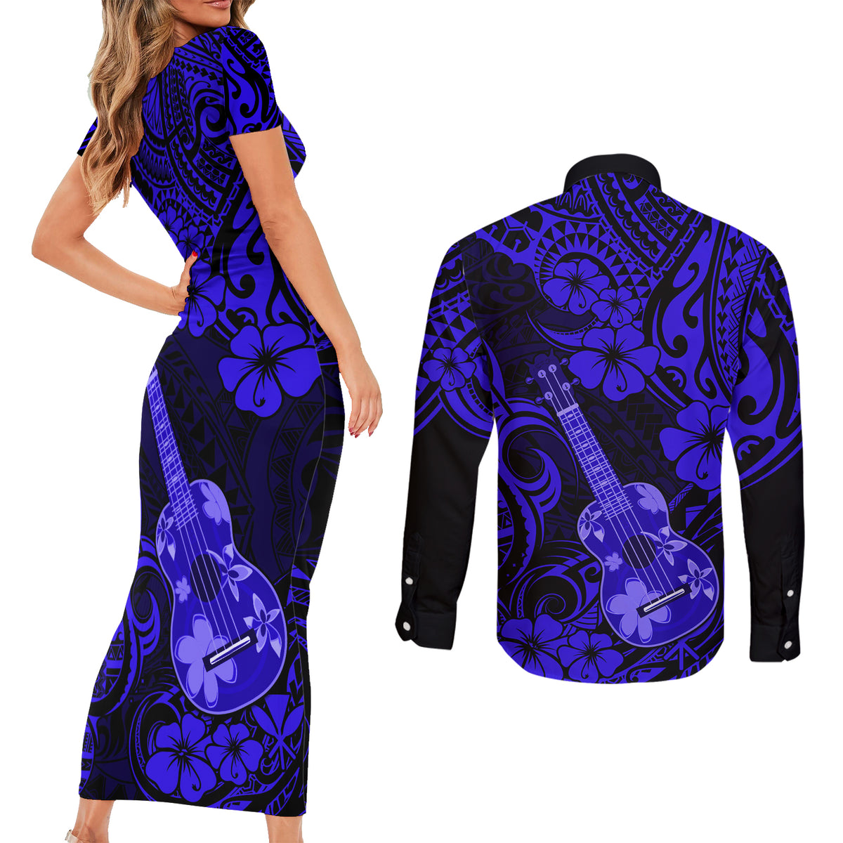 Hawaii Ukulele Couples Matching Short Sleeve Bodycon Dress and Long Sleeve Button Shirts Polynesian Pattern Navy Blue Version LT01 - Polynesian Pride