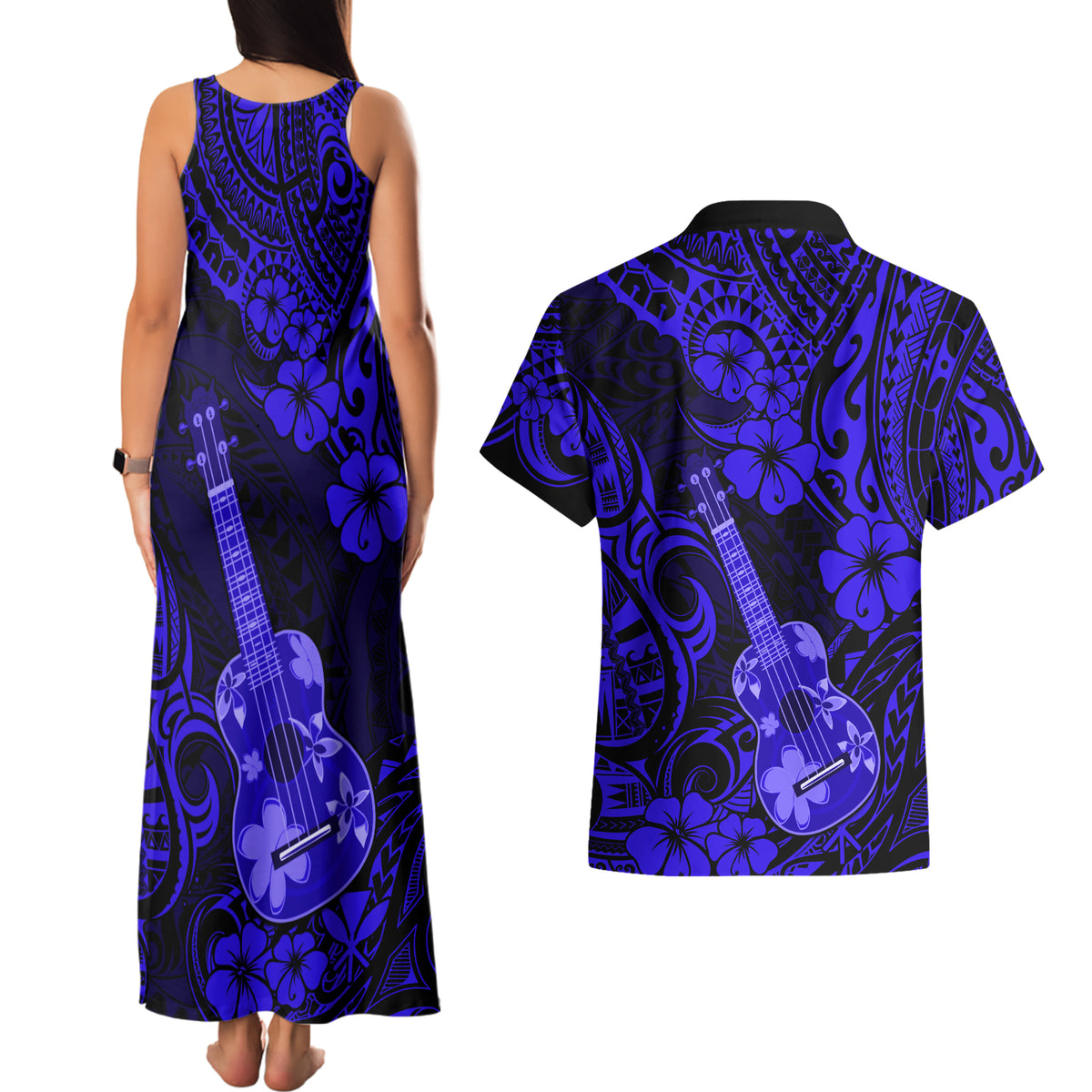 Hawaii Ukulele Couples Matching Tank Maxi Dress and Hawaiian Shirt Polynesian Pattern Navy Blue Version LT01 - Polynesian Pride
