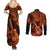 Hawaii Ukulele Couples Matching Summer Maxi Dress and Long Sleeve Button Shirts Polynesian Pattern Orange Version LT01 - Polynesian Pride