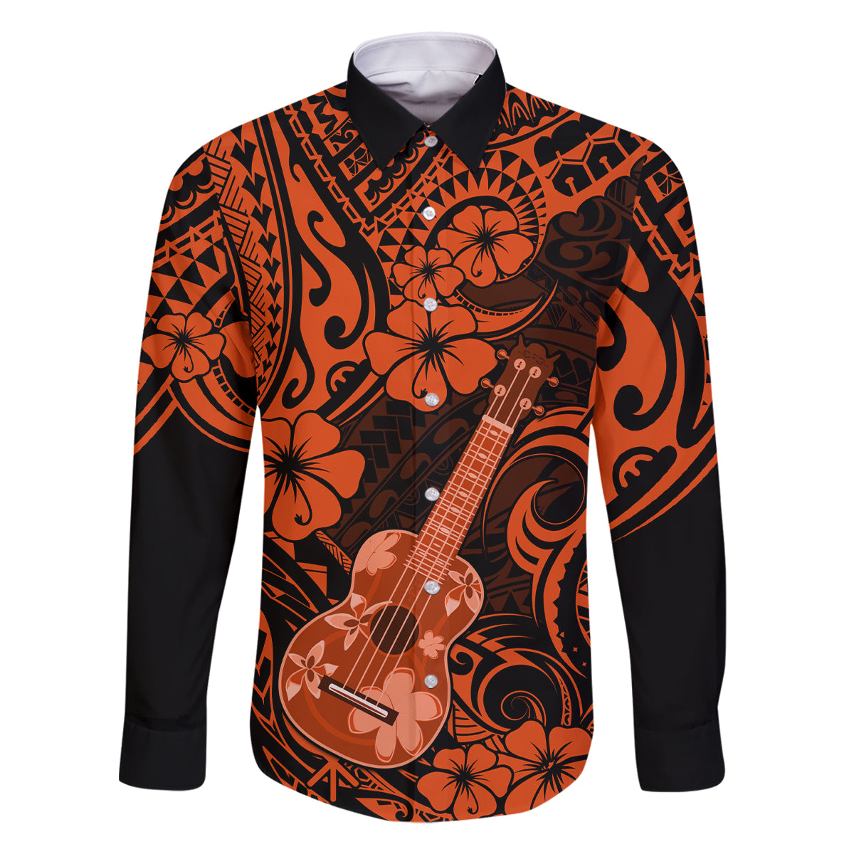 Hawaii Ukulele Family Matching Off Shoulder Short Dress and Hawaiian Shirt Polynesian Pattern Orange Version LT01 Dad's Shirt - Long Sleeve Orange - Polynesian Pride