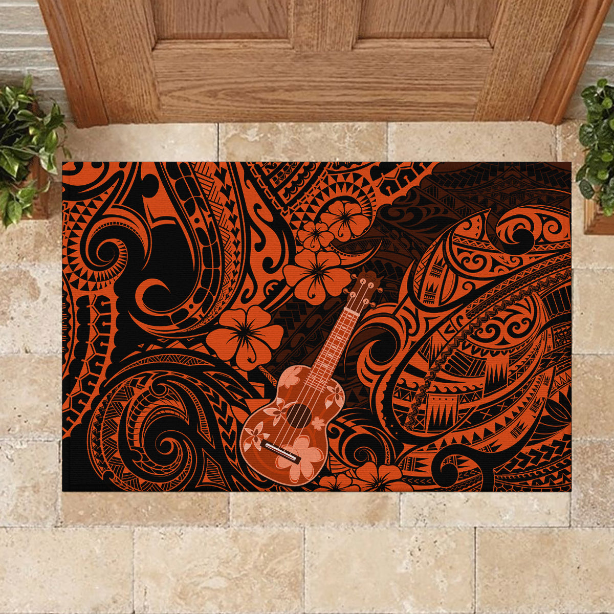 Hawaii Ukulele Rubber Doormat Polynesian Pattern Orange Version LT01 - Polynesian Pride