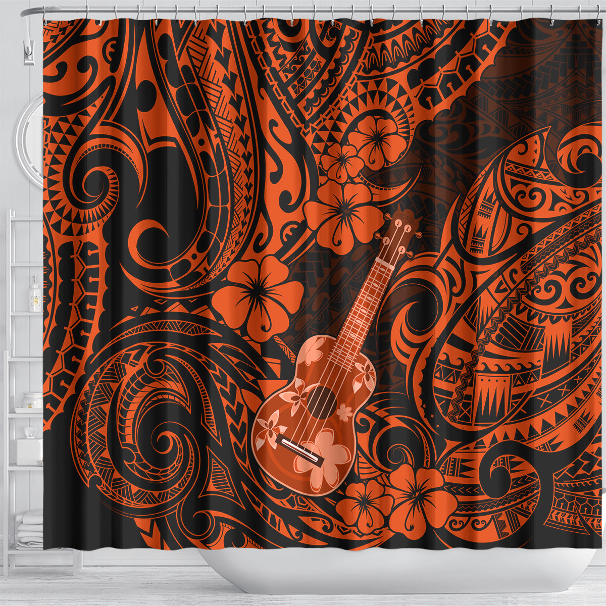 Hawaii Ukulele Shower Curtain Polynesian Pattern Orange Version LT01 - Polynesian Pride