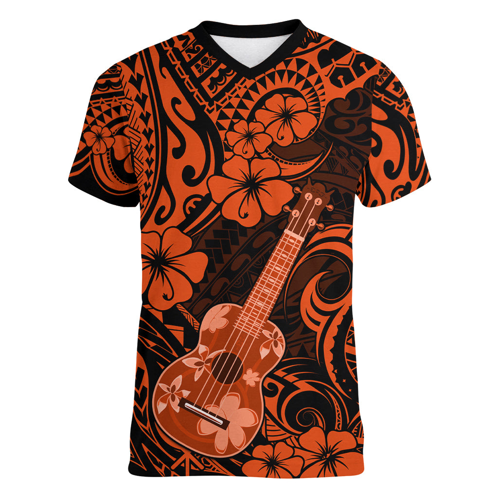 Hawaii Ukulele Women V Neck T Shirt Polynesian Pattern Orange Version LT01 Female Orange - Polynesian Pride