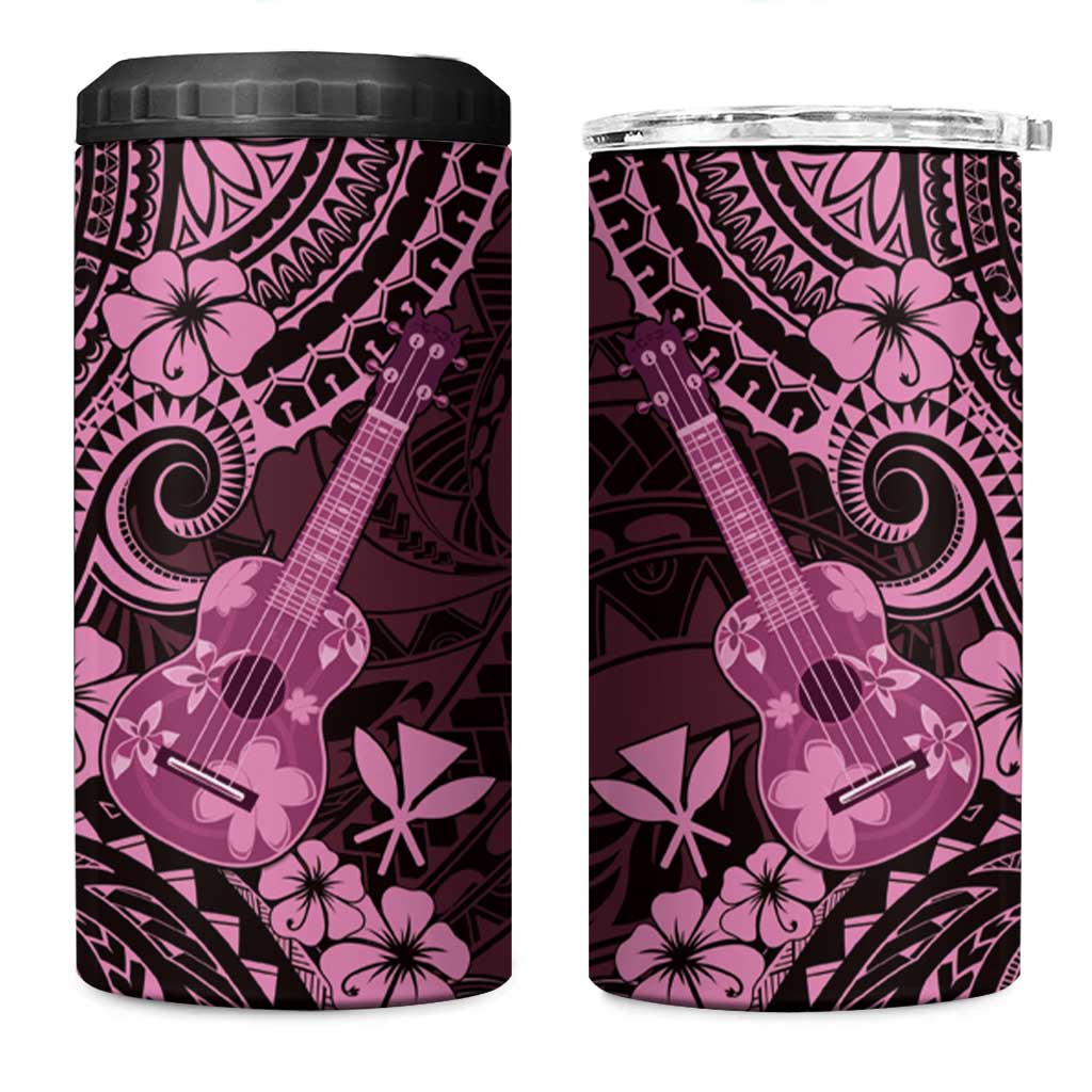 Hawaii Ukulele 4 in 1 Can Cooler Tumbler Polynesian Pattern Pink Version