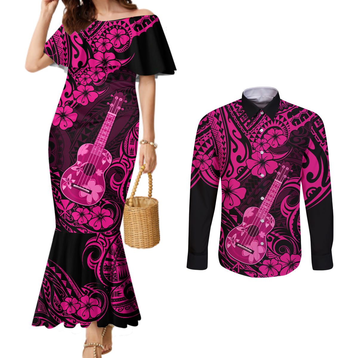 Hawaii Ukulele Couples Matching Mermaid Dress and Long Sleeve Button Shirts Polynesian Pattern Pink Version LT01 Pink - Polynesian Pride