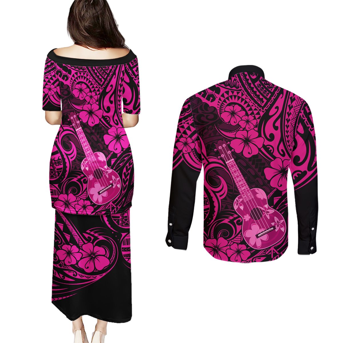 Hawaii Ukulele Couples Matching Puletasi Dress and Long Sleeve Button Shirts Polynesian Pattern Pink Version LT01 - Polynesian Pride