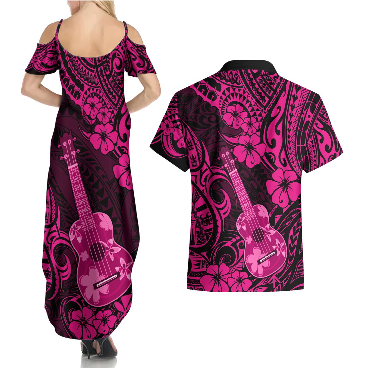 Hawaii Ukulele Couples Matching Summer Maxi Dress and Hawaiian Shirt Polynesian Pattern Pink Version LT01 - Polynesian Pride