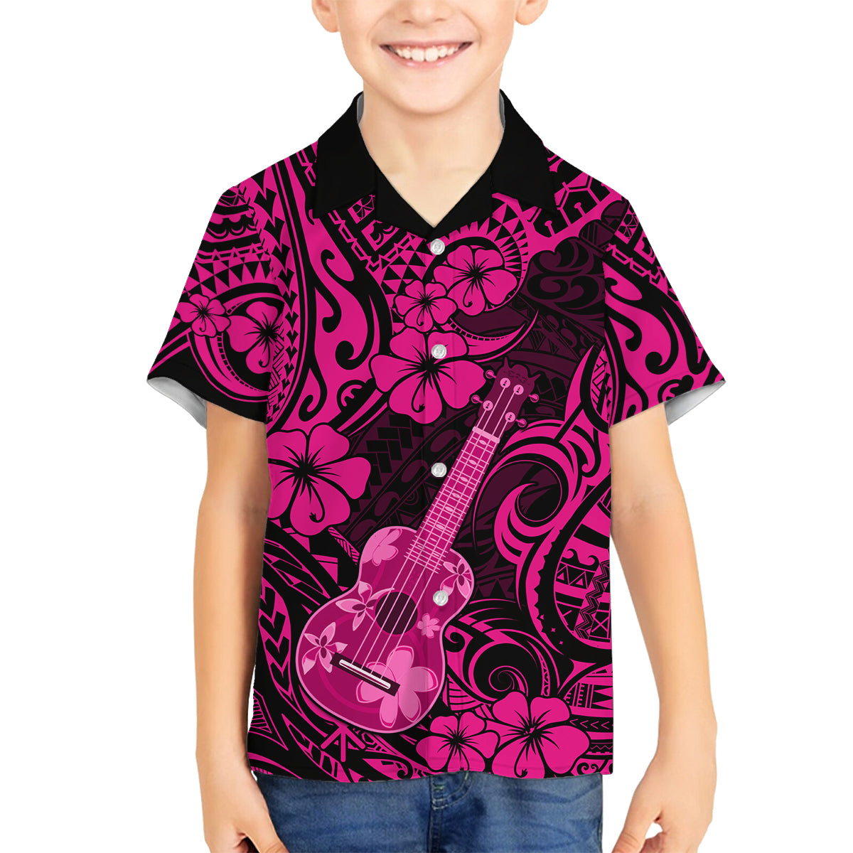 Hawaii Ukulele Family Matching Tank Maxi Dress and Hawaiian Shirt Polynesian Pattern Pink Version LT01 Son's Shirt Pink - Polynesian Pride