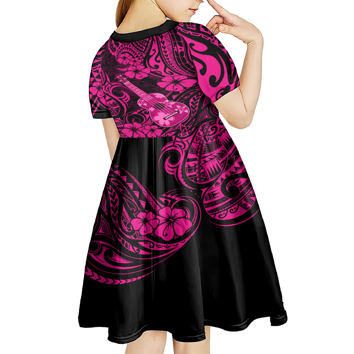 Hawaii Ukulele Kid Short Sleeve Dress Polynesian Pattern Pink Version LT01 - Polynesian Pride