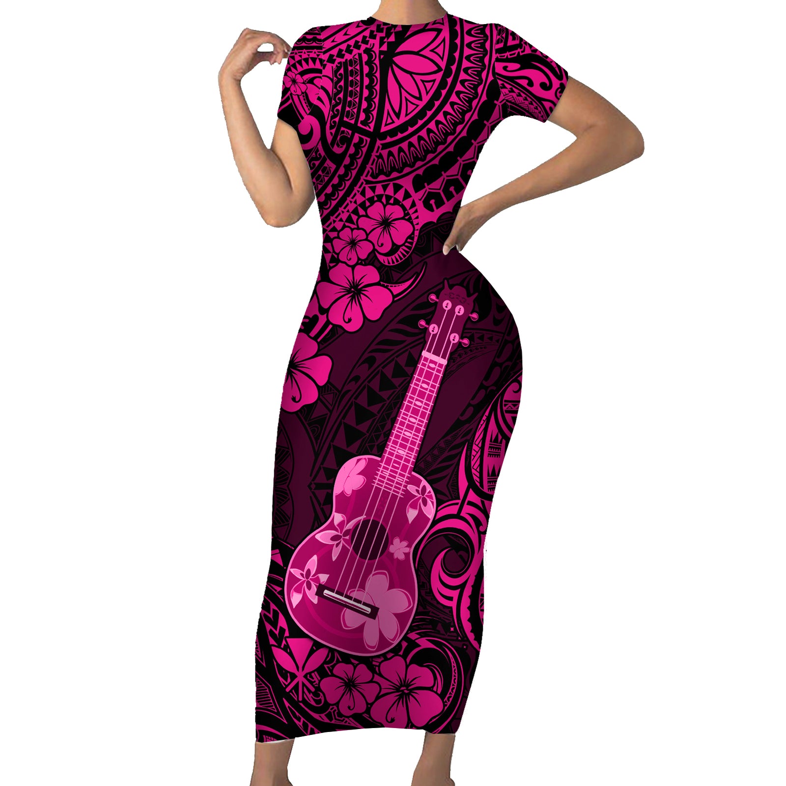 Hawaii Ukulele Short Sleeve Bodycon Dress Polynesian Pattern Pink Version LT01 Long Dress Pink - Polynesian Pride